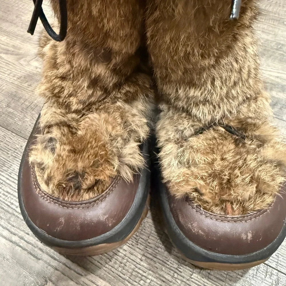 Ulu Womens Brown Leather Rabbit Fur Winter Snow Boots Size 8.5